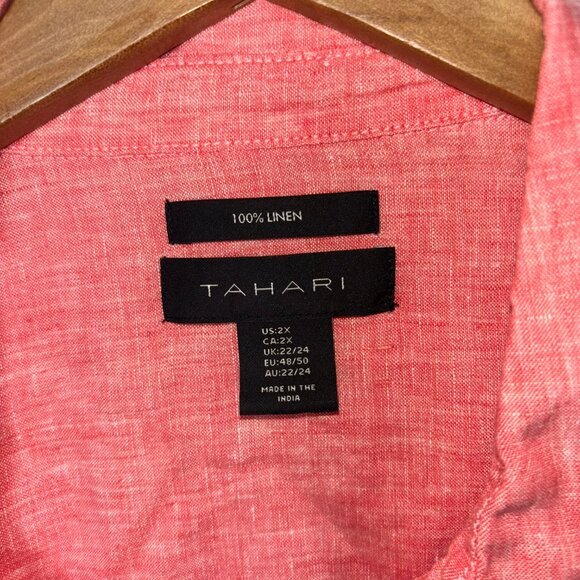 Tahari Women's Collared V-Neck Linen Shirt Blouse Tunic 3/4 Sleeve Pink Peach 2X - Picture 2 of 10